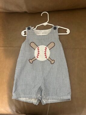 Striped Baby Baseball Applique Romper - Navy & White